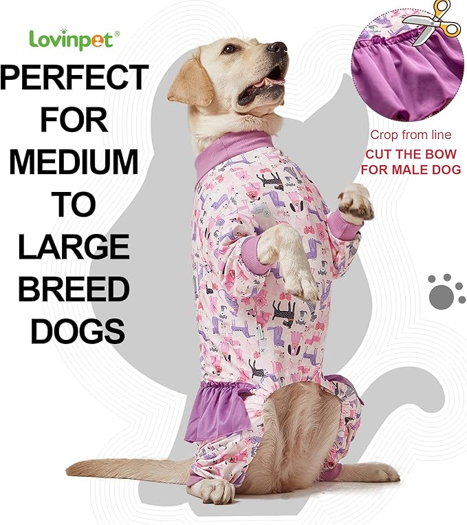 LovinPet Long Sleeve Onesie for Large Dogs, High Collar Cotton Dog Shirt, Anti-Shedding, Lightweight Stretchy Knit, Stop Shedding for Dogs, Pink Puppy Print, Shirt for Under Dog Dresses, Pet PJ's, XL