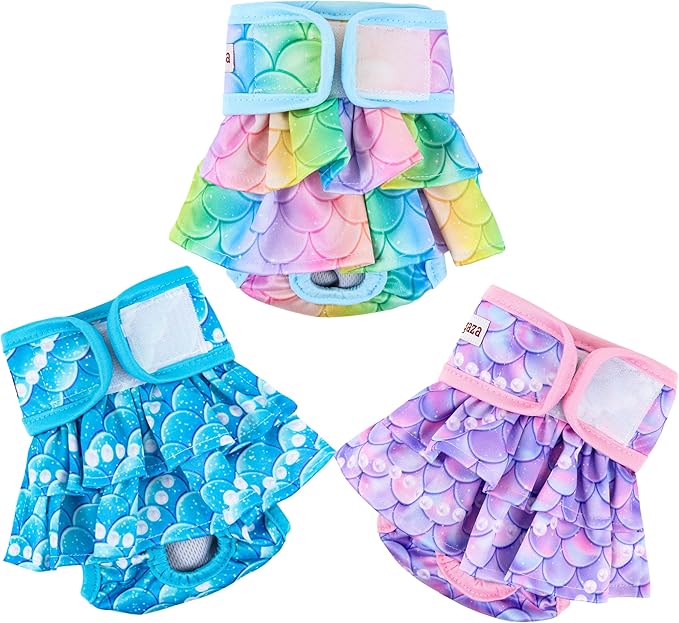 Dog Diapers Female (3 Pack), Reusable Pet Diapers for Female Dogs, Washable Dog Panties Diaper Skirt for Dogs in Heat, Period, Incontinence, or Excitable Urination(Small, Mermaid)
