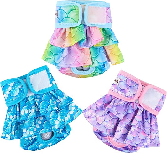 Dog Diapers Female (3 Pack), Reusable Pet Diapers for Female Dogs, Washable Dog Panties Diaper Skirt for Dogs in Heat, Period, Incontinence, or Excitable Urination(Large, Mermaid)