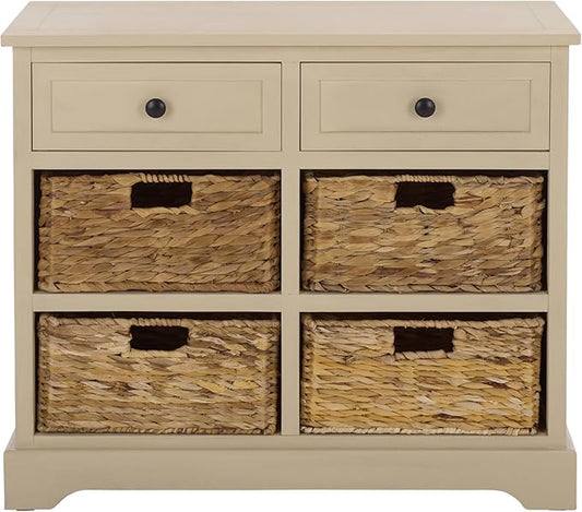 SAFAVIEH Home Collection – Herman Sand Storage Unit, 2-Drawer 4-Basket Mixed-Material Organizer, Fully Assembled (AMH5702J)