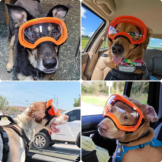PETLESO Dog Goggles for Large Breed, Clear Dog Sunglasses Anti-UV Wide View Medium Large Pet Eye Protection for Driving Riding Hiking, Adjustable Straps, Orange