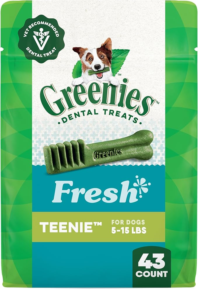 Greenies Dog Treats Veterinarian-Recommended Natural Dental Treats for Dogs, Teenie Size, Fresh Flavor, 12 oz. Pack, 43 Count