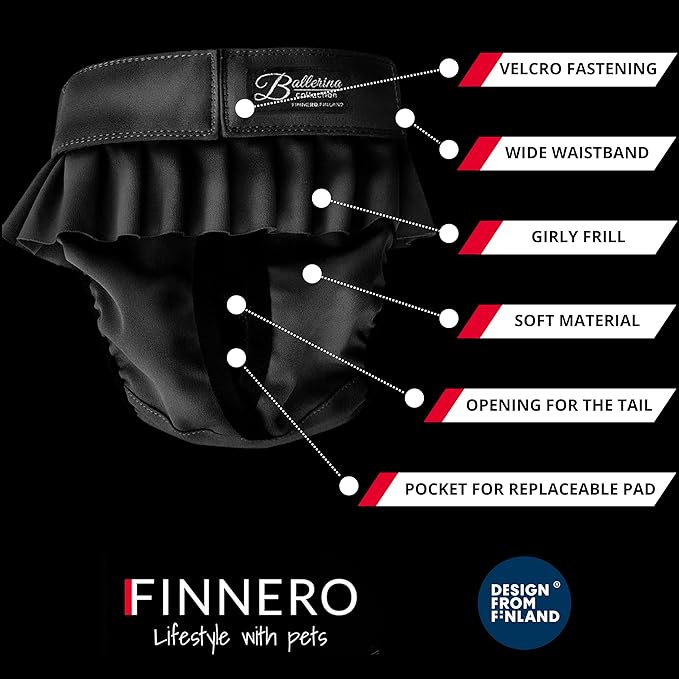 FINNERO Ballerina Dog Diaper – Washable, Reusable, Leak-Proof – Heat, Period & Urine Incontinence Protection – Comfortable, and Stylish Design – Adjustable Fit for Female Dogs – XL, Black
