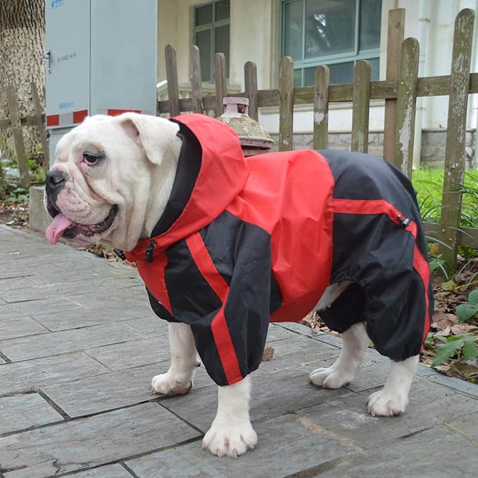 Lovelonglong American Bully Pitbull Dog Hooded Raincoat, Bulldog Rain Jacket Poncho Waterproof Clothes with Hood Breathable 4 Feet Four Legs Rain Coats for Pugs English French Bulldog Red B-M