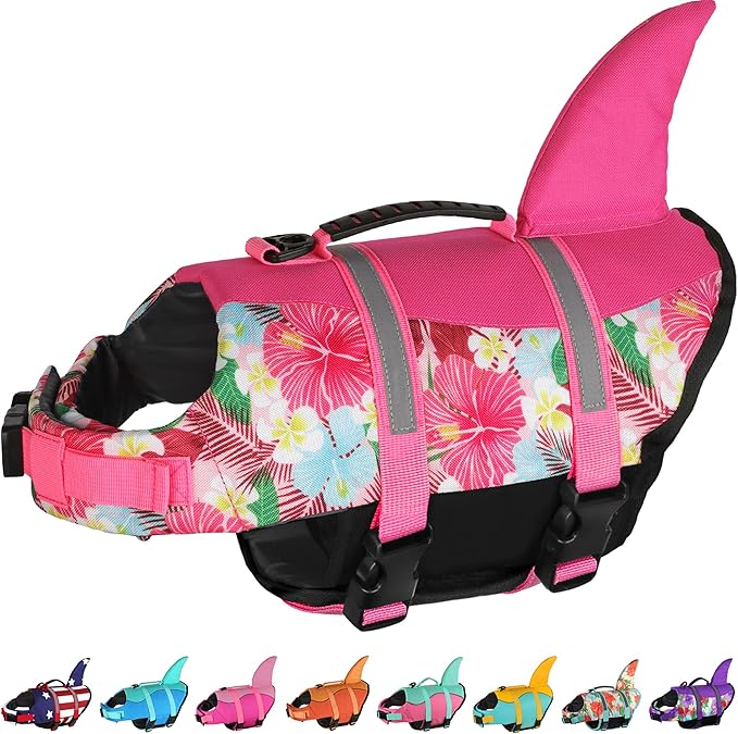 Dogcheer Dog Life Jacket Shark, Hawaiian Style Dog Life Vest for Swimming Boating with Superior Buoyancy and Rescue Handle, Reflective Pet Swim Vest for Small Medium Large Dogs - Flower Pink, XS