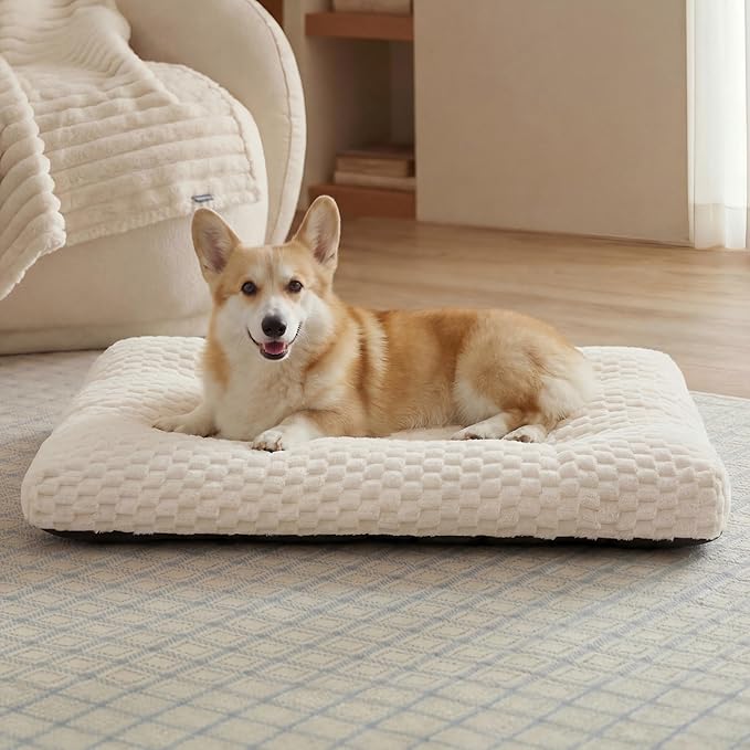 Bedsure Washable Dog Bed for Crate Large Sized Dog, Soft Fluffy Bubble Fleece Pet Bed Mat for Deep Sleep, Non-Slip and Machine Washable Kennel Sleeping Pad for Large Dogs, 35"x23"x3.5", Cream