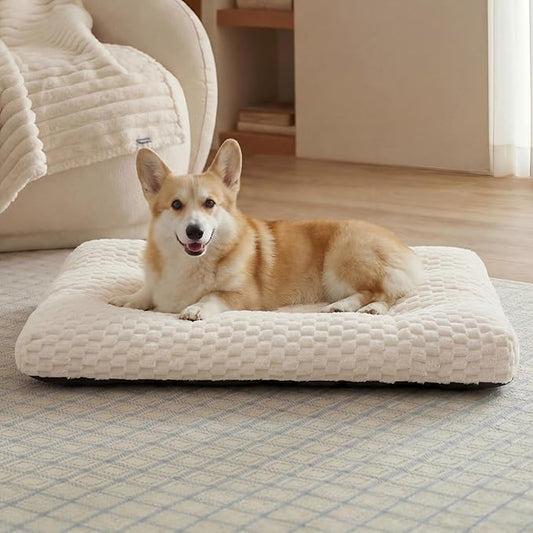 Bedsure Washable Dog Bed for Crate Large Sized Dog, Soft Fluffy Bubble Fleece Pet Bed Mat for Deep Sleep, Non-Slip and Machine Washable Kennel Sleeping Pad for Large Dogs, 35"x23"x3.5", Cream