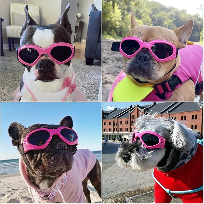 Enjoying Dog Sunglasses Medium Breed, Dog Goggles UV Protection, Cycling Eye Protection for Medium-Small Dogs, Outdoors Breathable Windproof Dustproof Anti-Fog, Adjustable Straps, Heart Pink