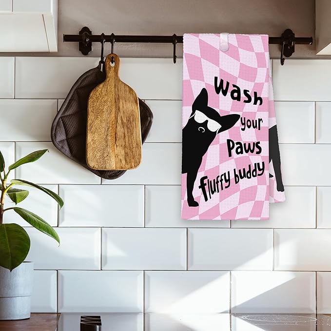 Pink Cute Dog Chihuahua Bathroom Kitchen Towels, Funny Wash Your Paws Hand Towel for Girly Room, Chihuahua Gifts for Dog Lovers, Trendy Preppy Checkered Dish Towels Decor for Dorm 16x24in