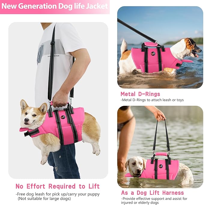 Dogcheer Dog Life Jacket with Zipper and Rescue Handle, Ripstop Puppy Life Vest with Chin Float for Swimming, Adjustable Swim Water Vest for Small Medium and Large Dogs-Pink,S