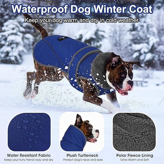 Dogcheer Dog Coat, Waterproof Dog Jacket Reflective Pet Winter Coat with Adjustable Hook & Loop, Christmas Puppy Fleece Jacket Warm Turtleneck Snowsuit for Small Medium Large Dogs - Blue, L