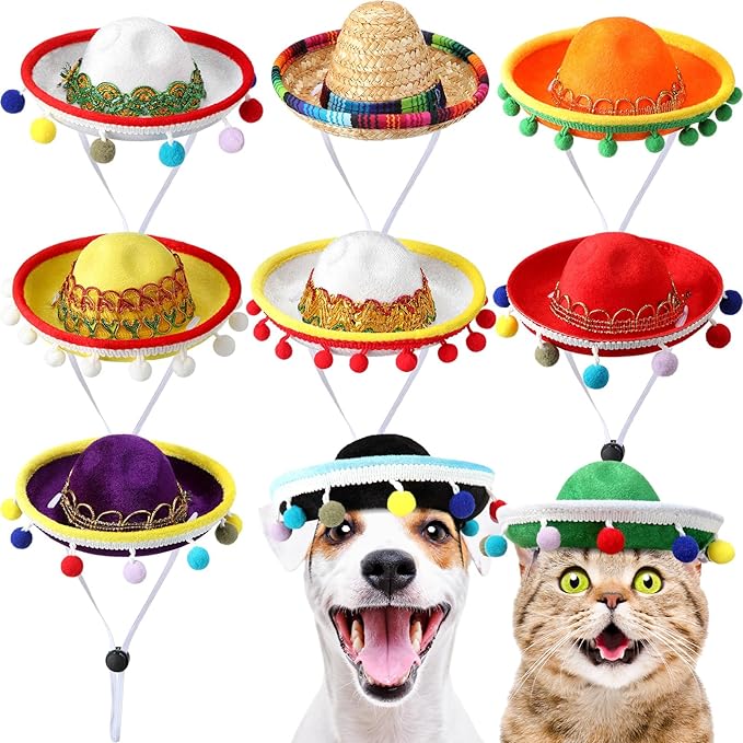 9 Pcs Pet Sombrero Hats Cinco de Mayo Adjustable Mexican Fiesta Dog Cat Straw Hat with Pom Pom Tassel for Small Medium Pets Mexican Party Costume