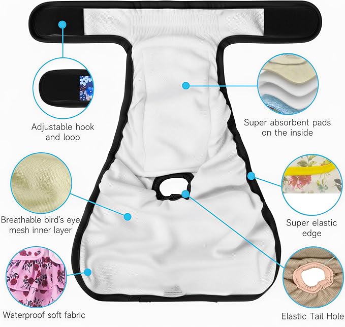 Washable Female Dog Diaper with Suspender - 3 Pack Reusable Super Absorbent & Leakproof Fixed Doggie Diapers for Dogs in Heat Cycle