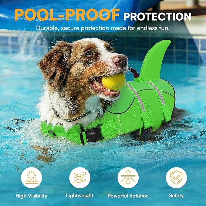 Queenmore Dog Life Jacket High Flotation, Reflective Dog Life Vest for Swimming, Adjustable Dogs Life Preserver Rescue Handle Spring Summer Pool for Small, Medium, Large Dogs (BrightGreen,M)