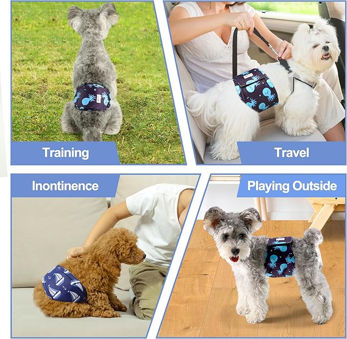 Reusable Dog Diapers Male 3Pcs, Premium Washable Belly Bands for Male Dog XSmall, High Absorbing Male Dog Wraps for Doggie Puppy in Incontinence, Excitable Urination and Training(Seafloor,XS)