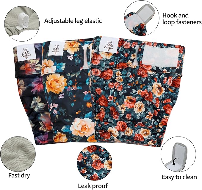 CuteBone Washable Dog Diapers Female No Tail Hole 3 Pack Reusable Doggie Period Training Pants for Docked-Tail Frenchie French Bulldog Boston Terrier Without Tail WWD33XS