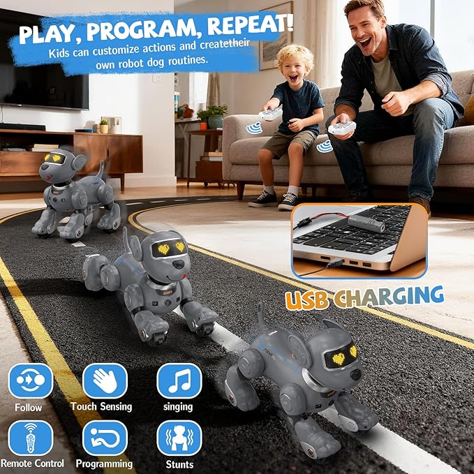 PRANITE Robot Dog, Remote Control Programmable Smart Toy with Touch and Music Interaction, Follow Mode, Interactive Puppy Gift for Kids [Gray]