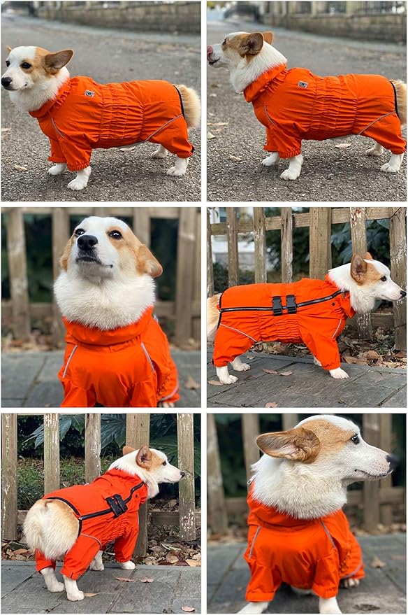 Lovelonglong Waterproof Dog Raincoat – 4-Leg Full Body Dog Rain Suit with Reflective Strips & Leash Opening, Outdoor Dog Jacket for Rainy Weather