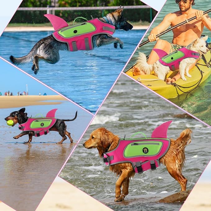 Dog Life Vests for Boating and Swimming, Dog Life Jacket with Shark Fin, Rescue Handle Pet Preserver for Medium Dogs, Neoprene Good Buoyancy Dogs Floating Safety Vest (Rosepink, Medium)