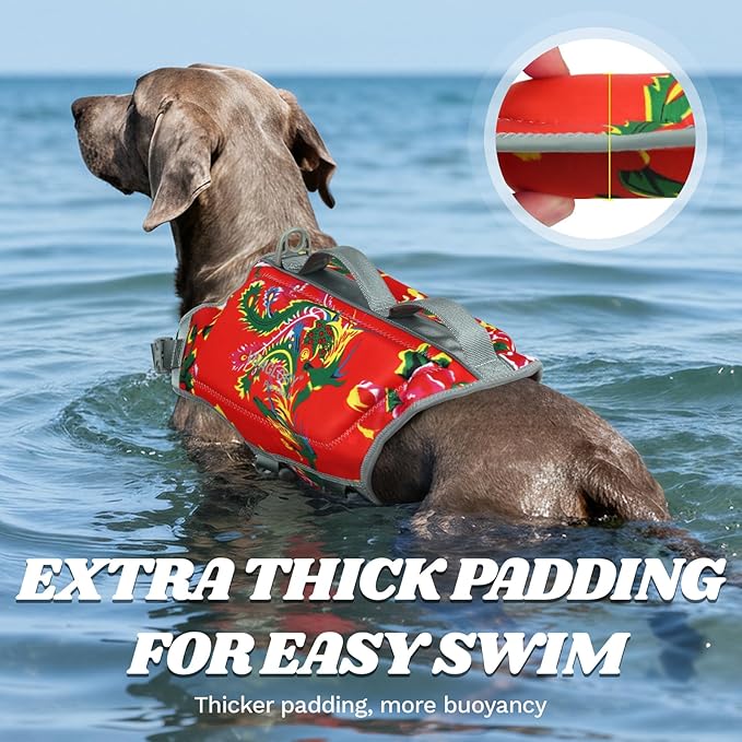 VIVAGLORY High Buoyancy Dog Life Vest, Swimming Vest with Handle, Dog Life Jacket for Swimming & Boating, Buoyancy for Puppy Doggy, XL, Northeast Florals-Red