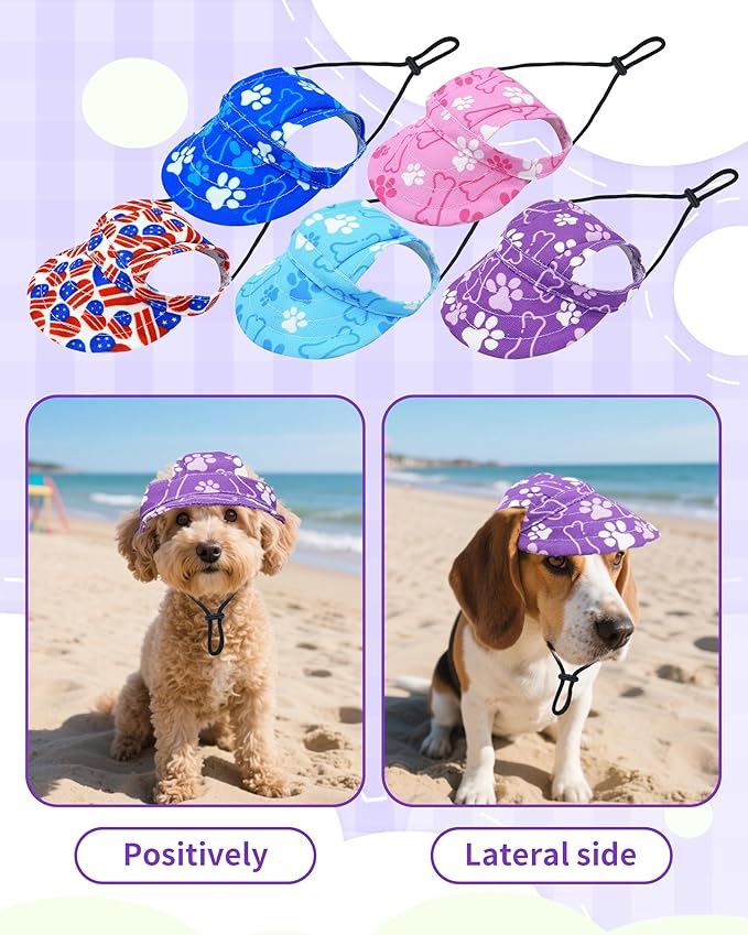 PET SHOW Dog Baseball Cap Paw Print Dog Visors for Small Doggy Cats Waterproof Pet Sun Hats with Ear Holes Adjustable Drawstring Girl Puppy Hat -Purple/S