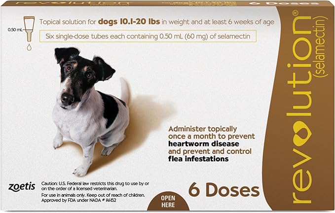 Revolution (selamectin) Topical Solution for Dogs, 10.1-20 lbs (Brown), 6 Tubes