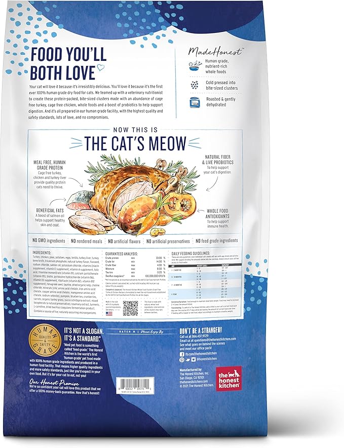 The Honest Kitchen Human Grade Whole Food Clusters Grain Free Turkey & Chicken Dry Cat Food, 10 lb Bag