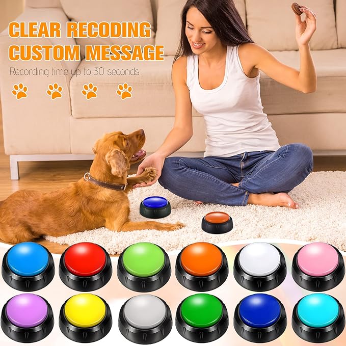Yunsailing 12 Pack Dog Talking Buttons for Communication Voice Recordable Sound Buttons Talking Buzzers Set with Stickers 30 Seconds DIY Pet Speech Training Button for Dogs & Cats Training