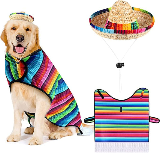 Frienda Dog Large Poncho Straw Hat Costume, Multicolor, Adjustable, for Mexican Party Decorations