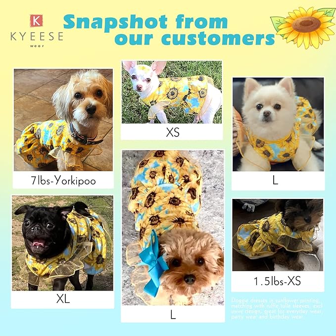 KYEESE Dog Dress for Small Dogs Sunflower Dogs Sundress Tulle with Ruffle Sleeves Dog Apparel