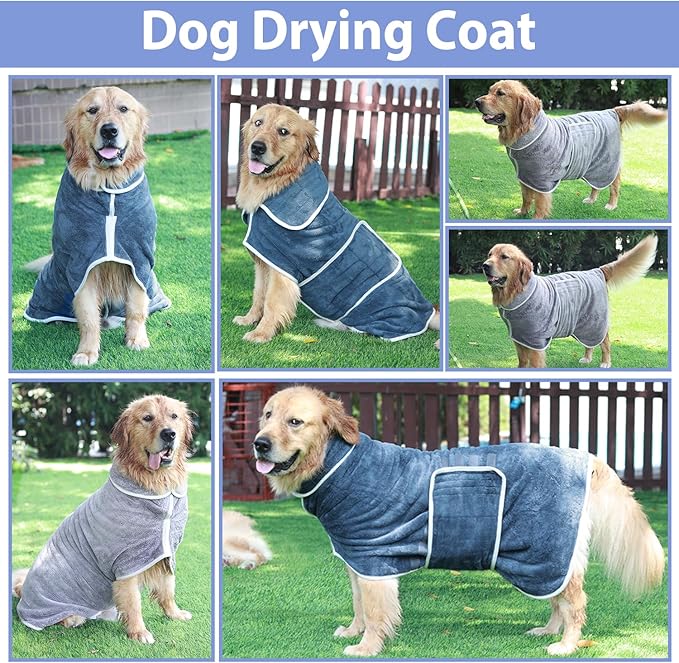 Dog Bathrobe Towel Dog Drying Coat - Super Absorbent Bath Robe for Drying Dogs Large, Soft Adjustable Collar & Belly Strap Fast Drying Coat Pet Dog Cat Bath Robe Towel (Purple, Large)