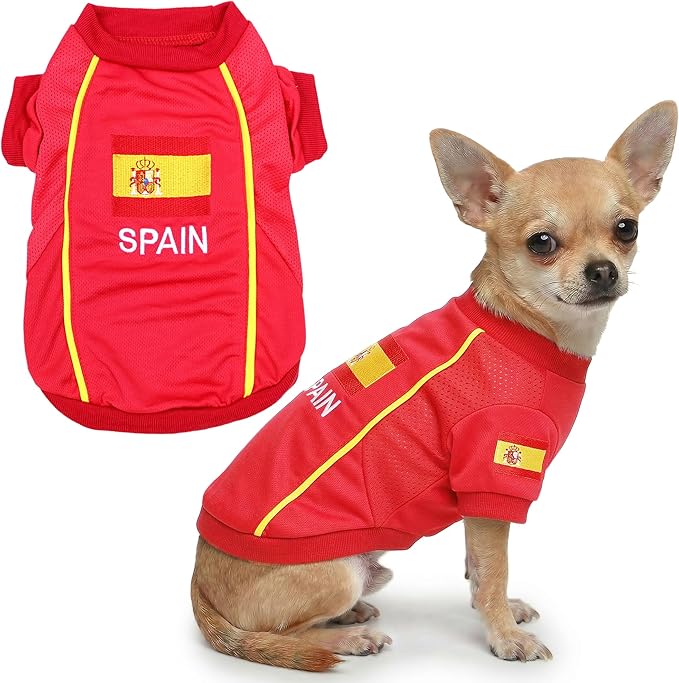 Parisian Spain Dog Jersey - Breathable Mesh Puppy Football Jersey - Lightweight Stretch Sporty Dog Clothes - Summer Shirts for Small Dogs - Soccer Jersey for Dogs - Sportswear Pet Clothes