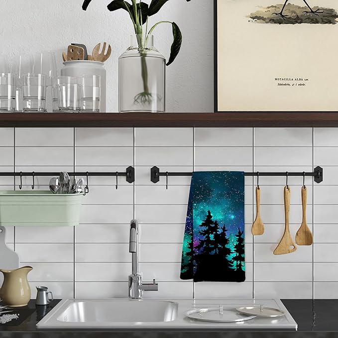 Forest Decor Kitchen Towel&Starry Night Sky Forest Decorative Hand Towels, Forest Bathroom Towels&Forest Decor Dish Towels Tea Towels for Kitchen, 16x24 Inches