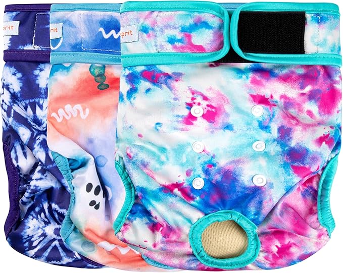 Langsprit Washable Female Dog Diapers (3 Pack) - No Leak Reusable Diapers for Doggy Female in Period - Highly Absorbent Dog Heat Panties with Adjustable Snaps Colourful S Size