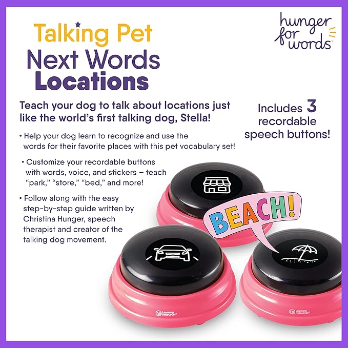 Hunger For Words Talking Pet Next Words Locations - 3 Piece Set of Recordable Speech Buttons for Dogs, Dog Buttons for Communication