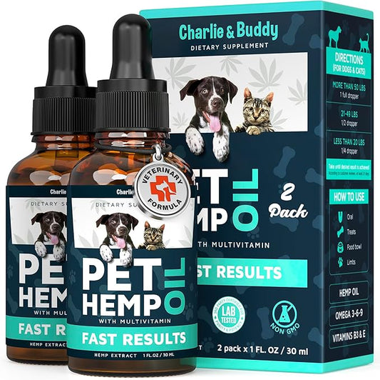 Charlie & Buddy Hemp Оil for Dogs Cats - Helps Pets with Аnxiеty, Pаin, Strеss, Slееp, Аrthritis, Sеizures Rеlief - Нiр Jоint Hеalth - 2Pack