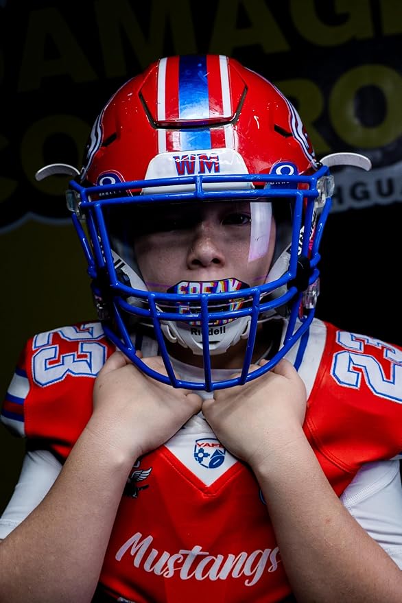 DAMAGE CONTROL Youth Football Mouth Guard – Breathable No Boil Mouthpiece, Protects Lips & Teeth, Works with Braces, Includes Helmet Strap – Sports Gear & Accessories (Freak)
