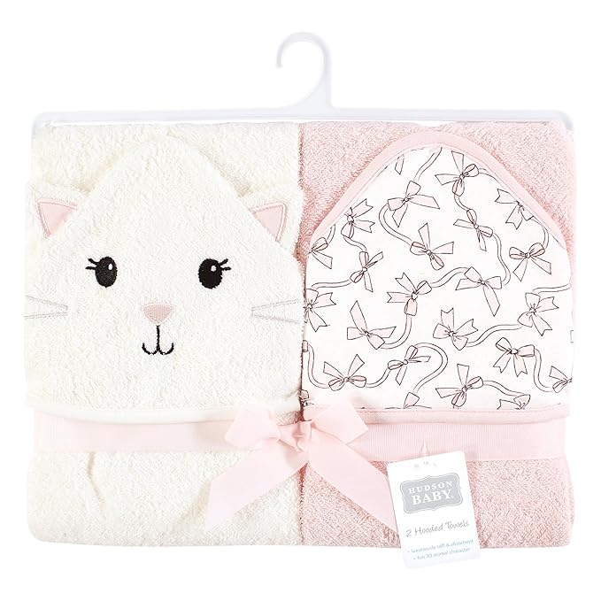 Hudson Baby Infant Girl Cotton Animal Face Hooded Towel, Pink Bow Kitty, One Size