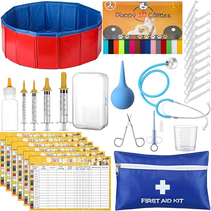 57 Pcs Puppy Kitten Whelping Supplies Whelping Kit for Puppies Birth Dog Kitten Bottle Feeding Kit for New Born Puppy Supplies Include Feeding Tube Etc(31" in Diameter)