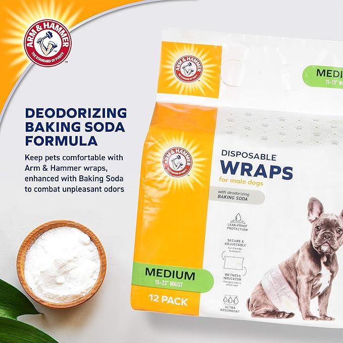 Arm & Hammer Medium Male Dog Wraps, Disposable Belly Band Diapers with Baking Soda Odor Control, Super Absorbent Leak Resistant Design for Marking and Incontinence, 15-23 Inch Waist, 12 Count
