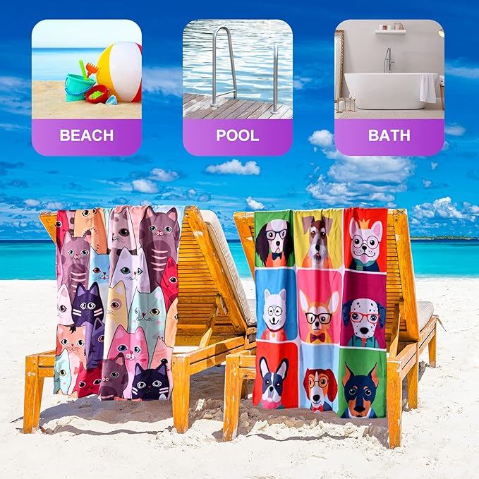 LIVILAN Dog Beach Towel, Playful Pups Design, Soft Quick-Dry Microfiber, Sand-Free 24" x 48" Small for Pool, Bath, Swim, Ideal for Women, Girls, Kids, Perfect Home Decor & Gift