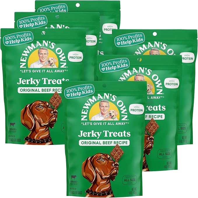 Newman's Own Jerky Treats for Dogs - Grain Free - High Protein Savory Dog Treat with Grass Fed Beef as First Ingredient - Training & Reward Treats - Original Beef Recipe - 5 oz Bag (Pack of 6)