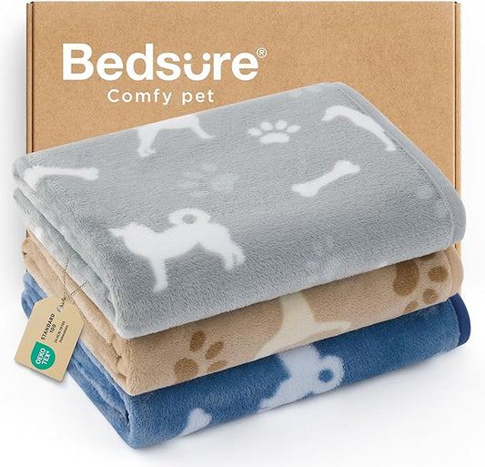 Bedsure 1 Pack 3 Pet Blankets, Super Soft Fluffy Premium Fleece Flannel Portable Throw Dog Blankets for Small Dogs, Printed Cat Puppy Blanket Grey/Brown/Blue Small(20x30 inch)