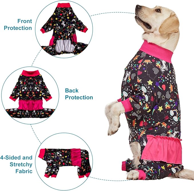LovinPet Large Breed Dog Pajamas, Wound Care/Post Surgery Recovery Shirt for Large Dogs, Unicorn and Rainbow Black Print, Stop Shedding for Dogs, Pitbull Clothes, Bodysuit Dog Jammies, 2XL