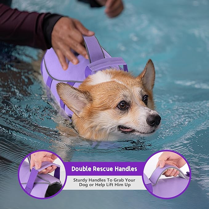 Dogcheer Dog Life Jacket with Double Rescue Handle, Reflective Dog Harness Life Vest for Swimming Boating, Adjustable Pet Swim Vest Dog Flotation Device DFD for Small Medium Large Dogs - Purple M