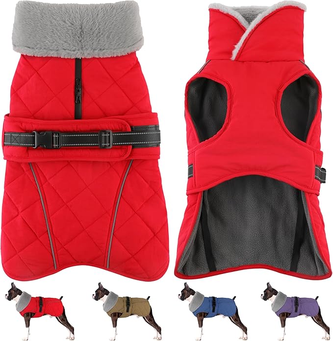 Dog Coat, Waterproof Dog Winter Jacket with Adjustable Buckle, Reflective Turtleneck Pet Snow Vest Warm Fleece Sweater for Small Medium Large Dogs - Red, L