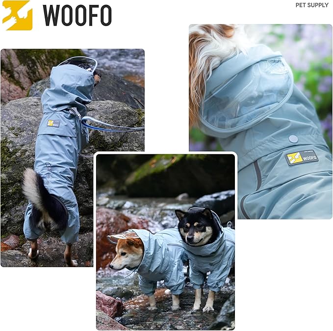 WOOFO Full-Coverage Dog Raincoat, Lightweight, Comfortable, Adjustable & Easy to Wear Dog Rain Jacket, Detachable Cap, Reflective Strip (Grey, Large)
