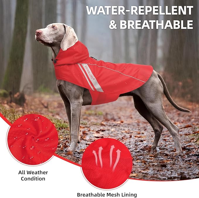 VIVAGLORY Wetoff Dog Raincoat, Rain Coat for Dog All Seasons Adventure, Rain Jacket with Harness Hole & Hood, Reflective Lightweight Waterproof for Doggy & Puppy, XL, Red