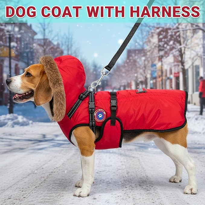 PAWNISAW Dog Winter Coat with Harness Built in, Warm Thick Plush Hooded Dog Snow Jacket for Cold Weather, Windproof Reflective Pet Clothes Outfit for Small, Medium, Large, XL & XXL Dogs Outdoor