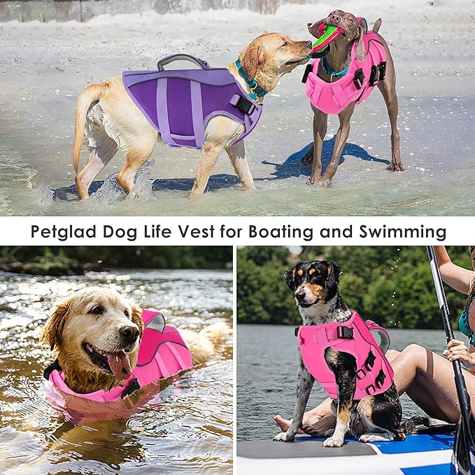 Dog Life Jacket, High Buoyancy Dog Life Vest with Handle for Swimming Boating, Adjustable Swimming Vest with Reflective Trim for Small Medium Large Dogs - Pink, L